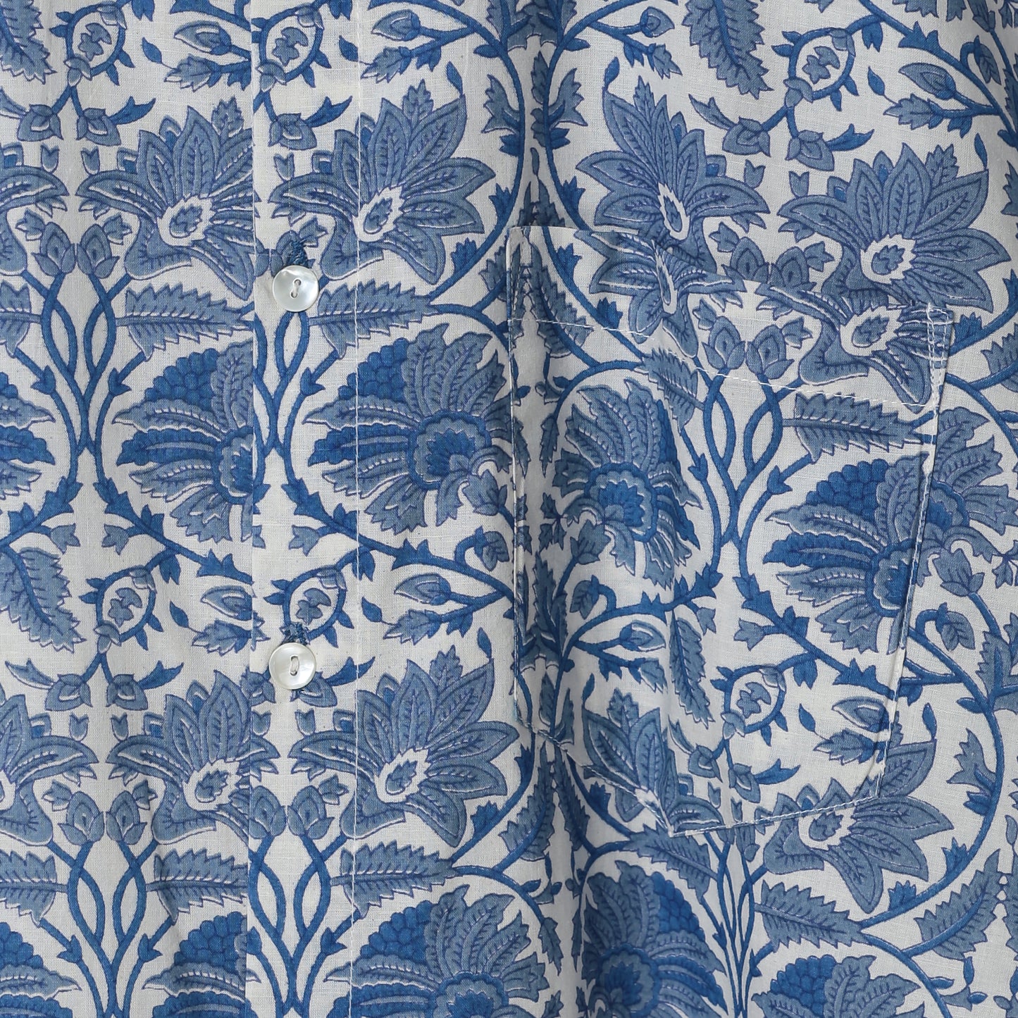 Botanical Bloom Men’s White Cotton Shirt – Big Blue Floral Block Print | Artistic Summer Shirt
