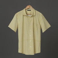 Mustard Hand Block Printed Cotton Short Sleeve Shirt for Men