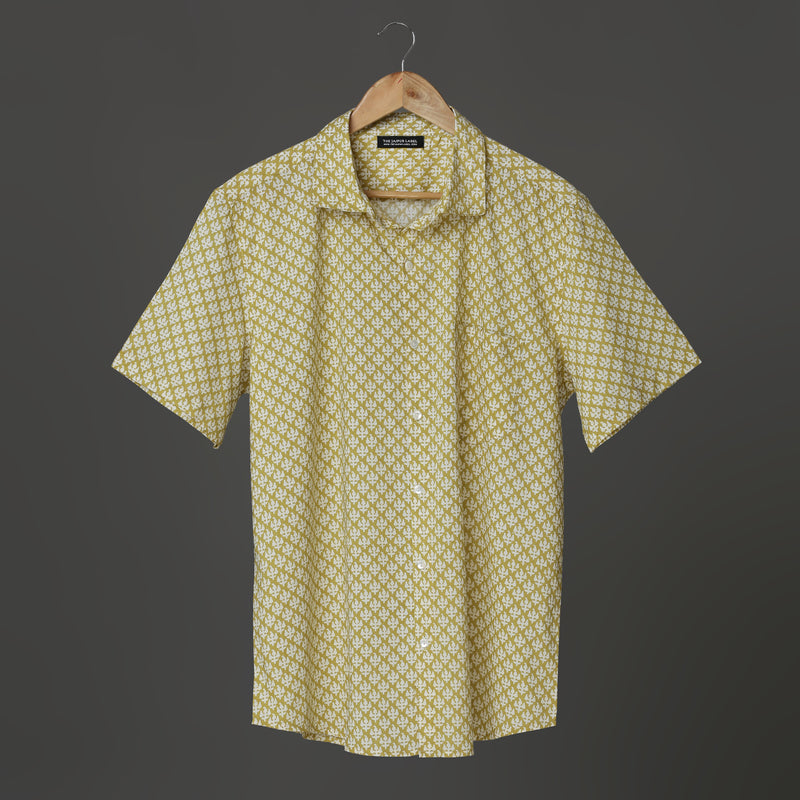 Mustard Hand Block Printed Cotton Short Sleeve Shirt for Men