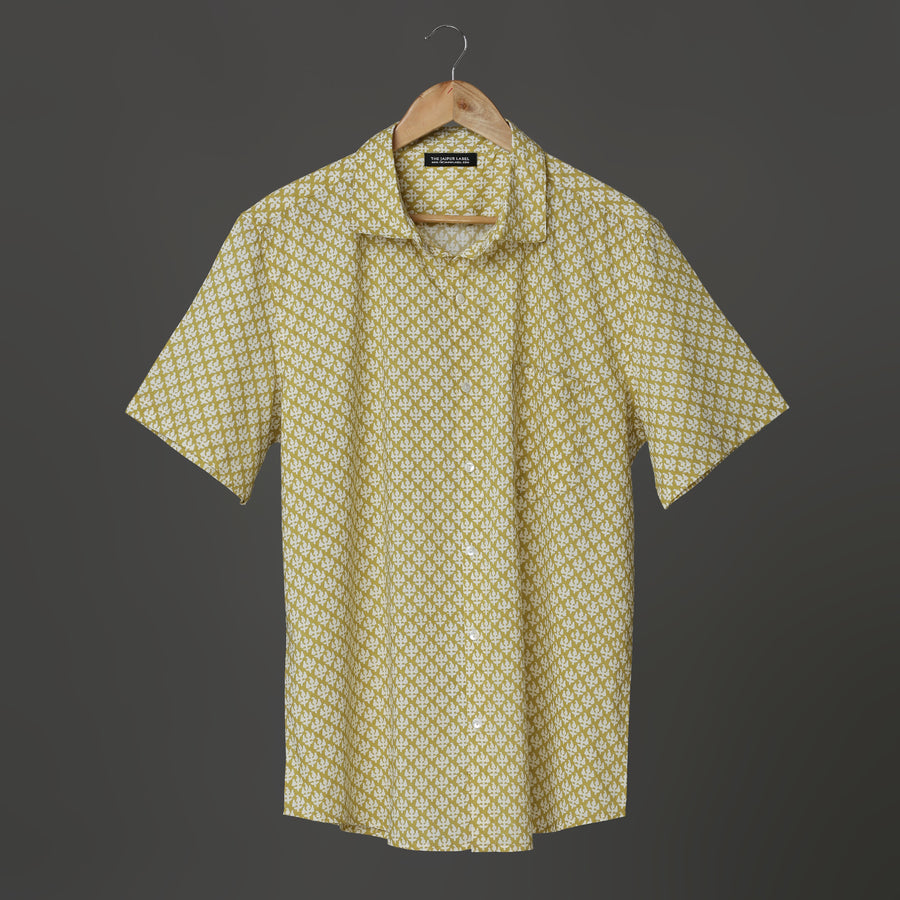 Mustard Hand Block Printed Cotton Short Sleeve Shirt for Men