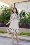 Elegant Black & White Embroidered Dress Midi Style with belted waist
