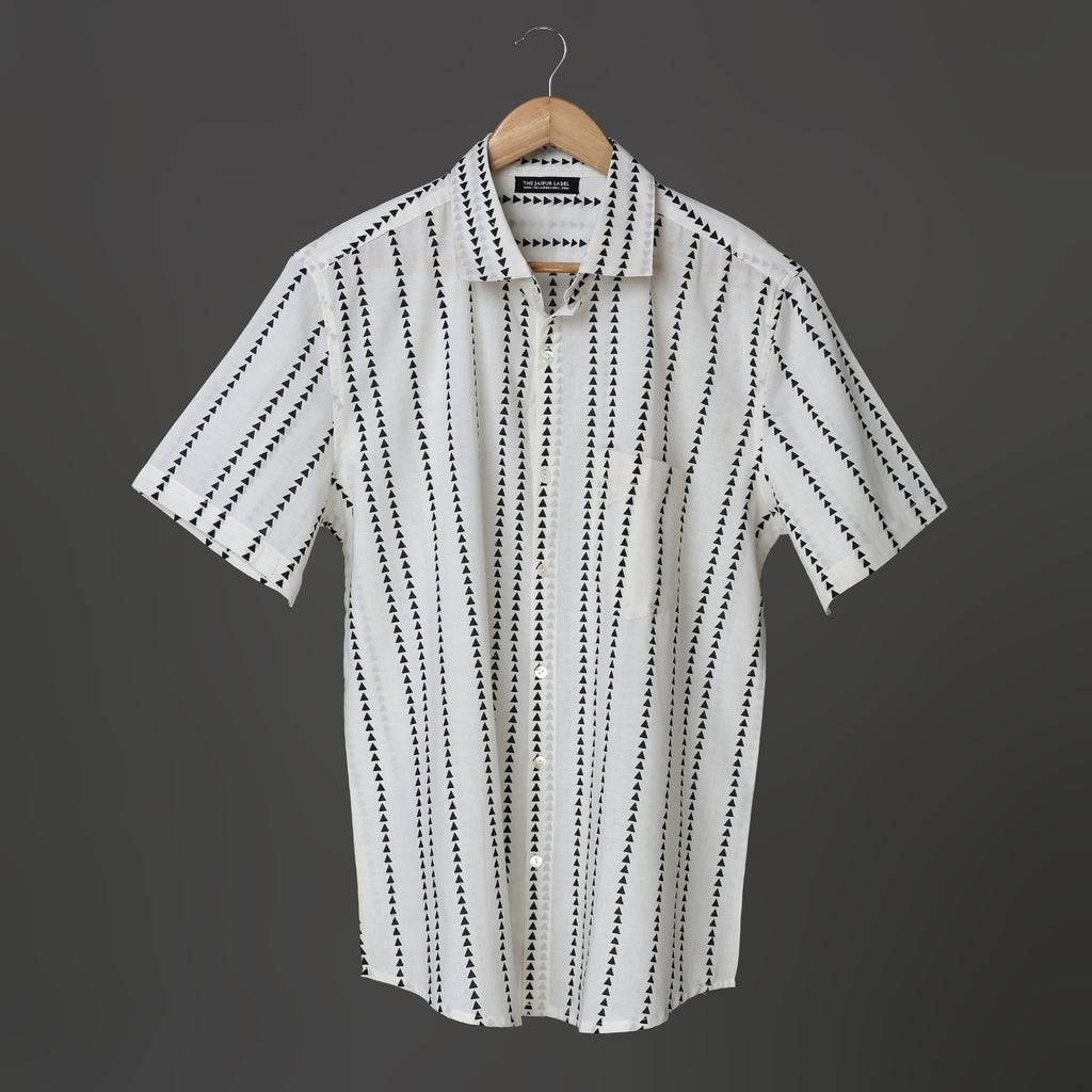 Boys White Casual Block Print Cotton Short Sleeve Shirt with Black Geometric Triangle Design