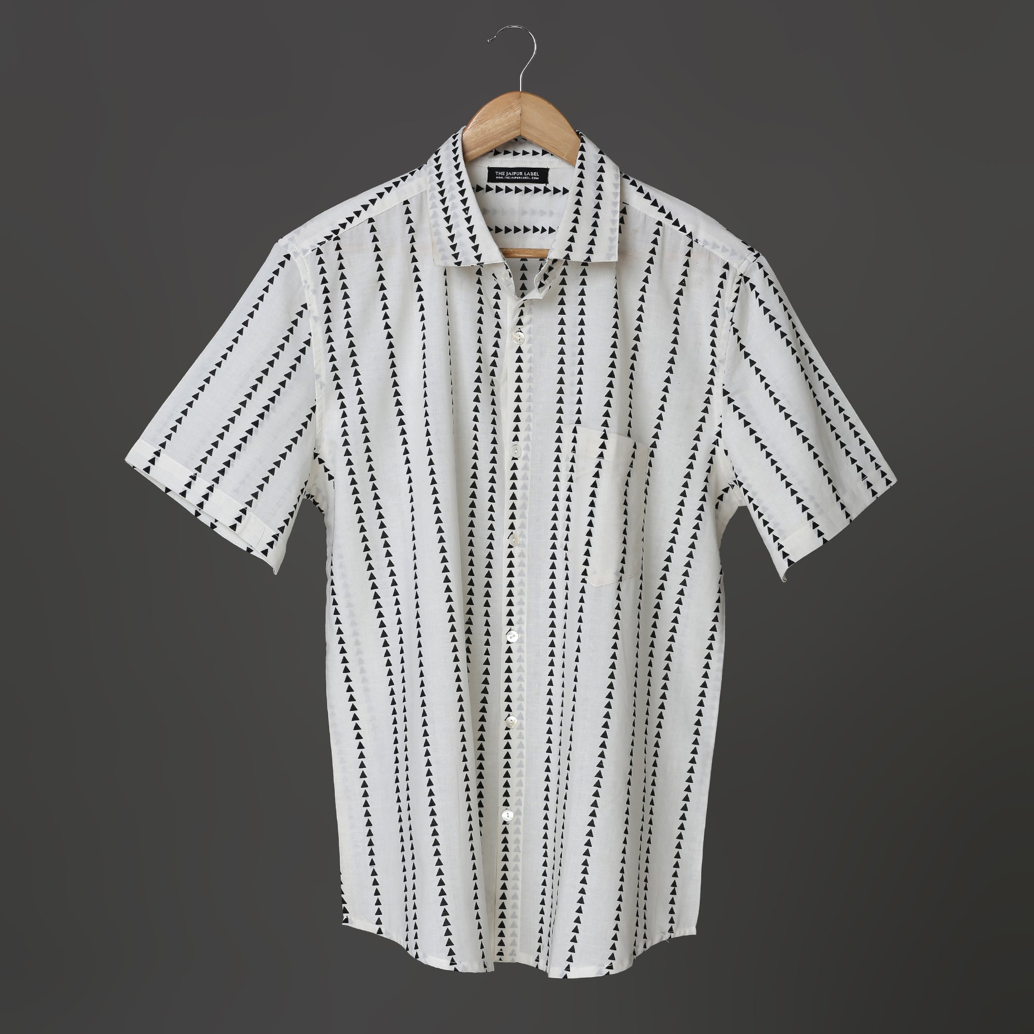 Boys White Casual Block Print Cotton Short Sleeve Shirt with Black Geometric Triangle Design
