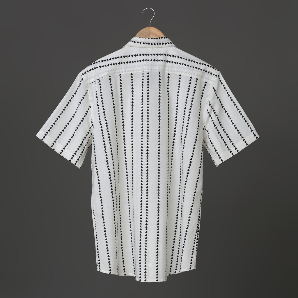 Boys White Casual Block Print Cotton Short Sleeve Shirt with Black Geometric Triangle Design