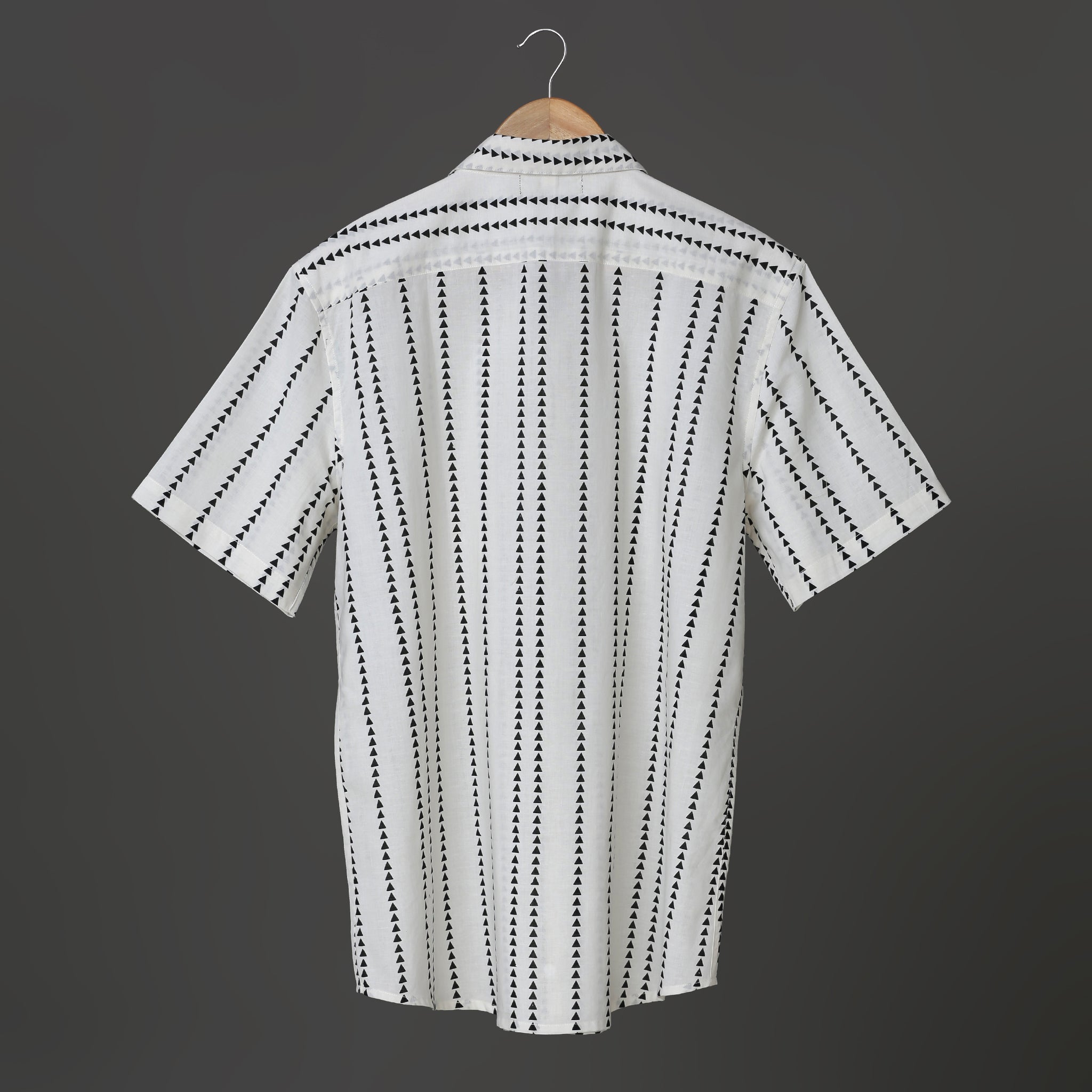 Boys White Casual Block Print Cotton Short Sleeve Shirt with Black Geometric Triangle Design