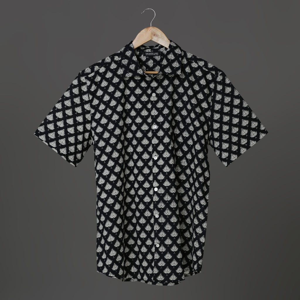 Designer Black Shirt with White Leaf Block Print Ideal for Every Occassion