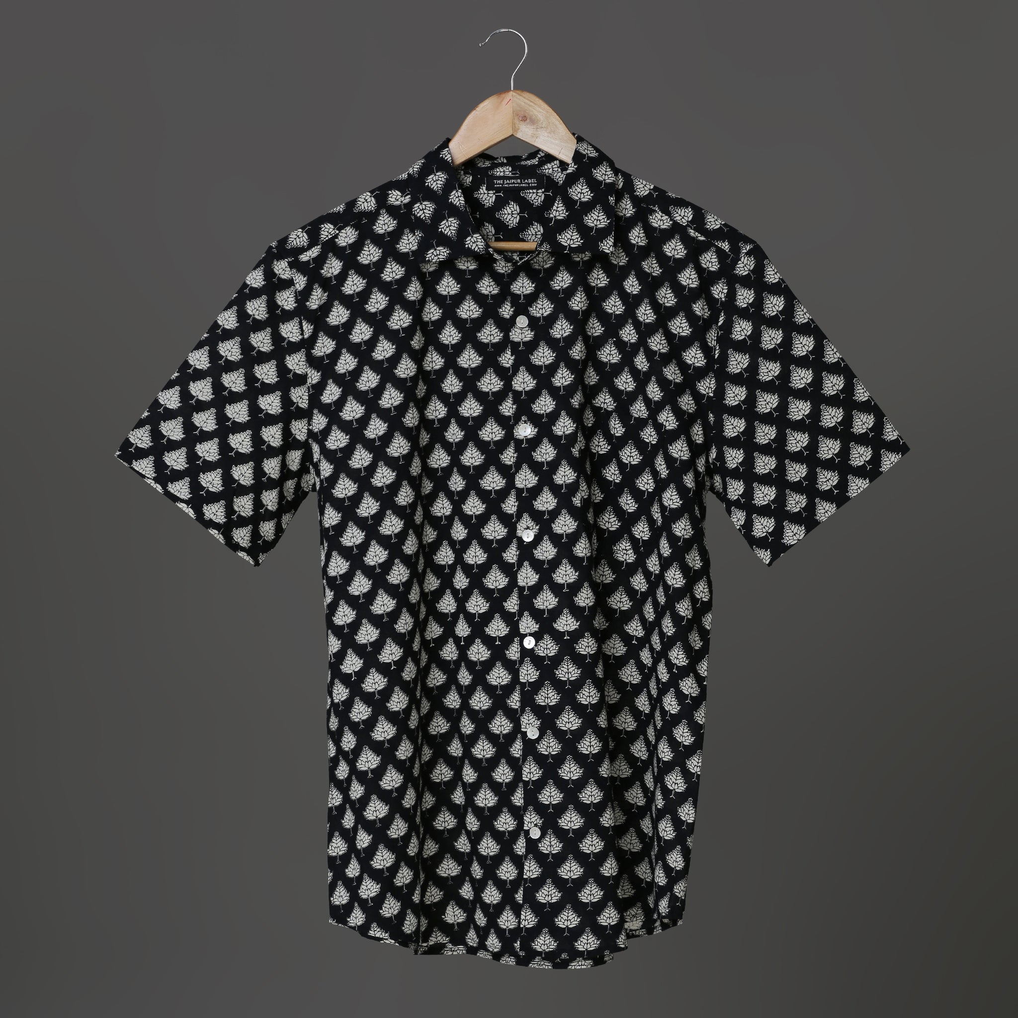 Designer Black Shirt with White Leaf Block Print Ideal for Every Occassion