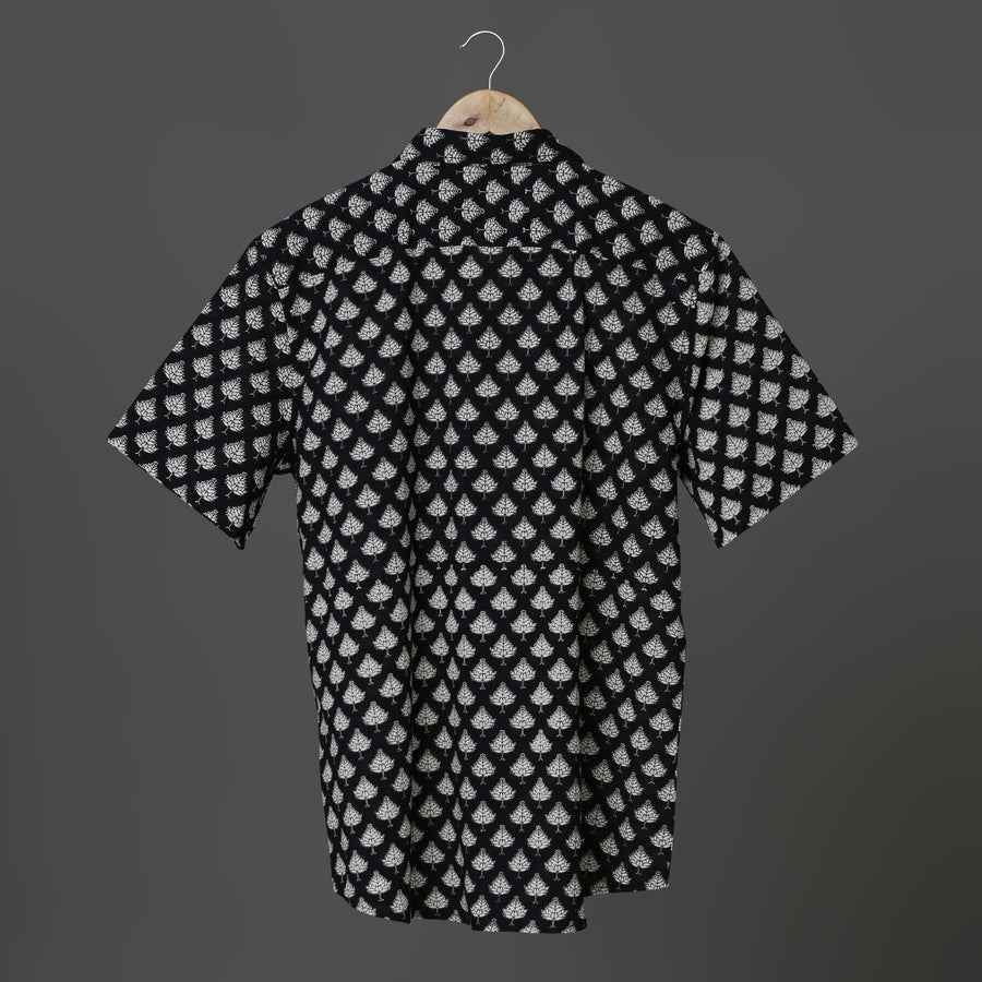 Hand Block Printed Black & White Leaf Cotton Shirt for Men| Handcrafted Casual and Vacation Wear Summer Shirt