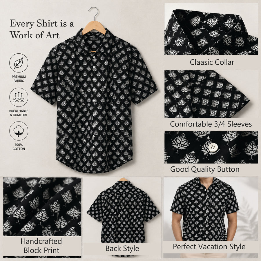 Hand Block Printed Black & White Leaf Cotton Shirt for Men| Handcrafted Casual and Vacation Wear Summer Shirt