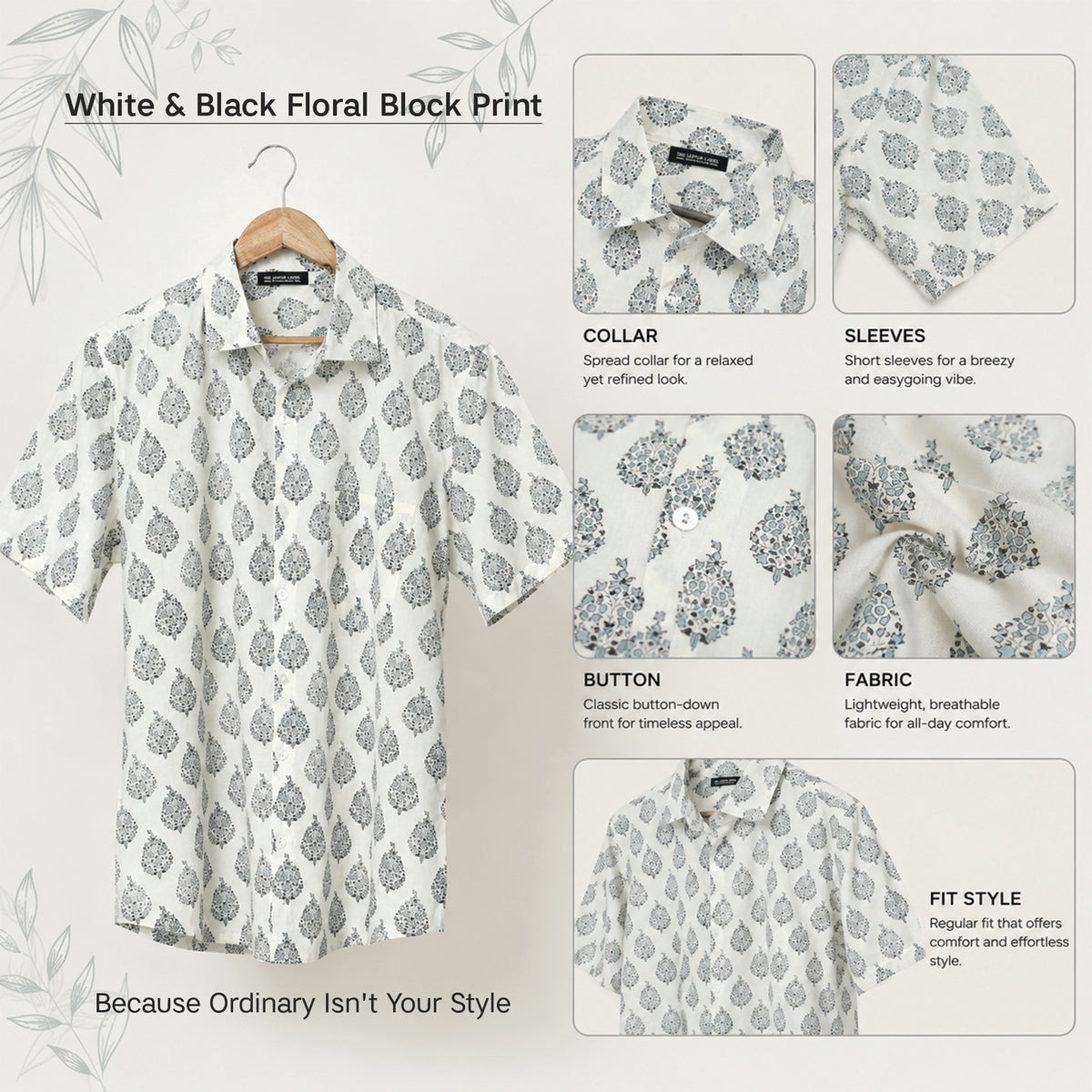 Classic White & Black Floral Hand Block Printed Cotton Shirt for Men | Handcrafted Casual and Vacation Wear Shirt