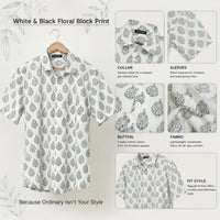 Classic White & Black Floral Hand Block Printed Cotton Shirt for Men | Handcrafted Casual and Vacation Wear Shirt
