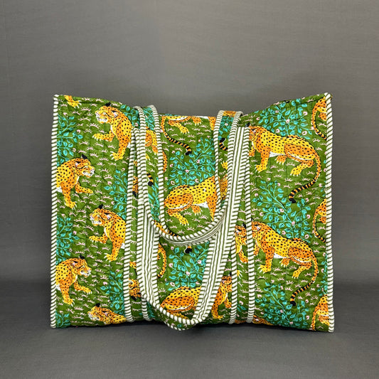 Designer Green Tiger Motif Reversible Cotton Tote Bag