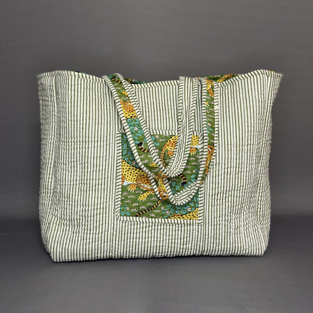 Designer Green Tiger Motif Reversible Cotton Tote Bag