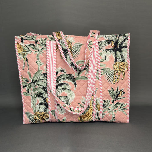 Reversible Quilted Tote Bag – Pink Jungle Print with Giraffes & Leopards