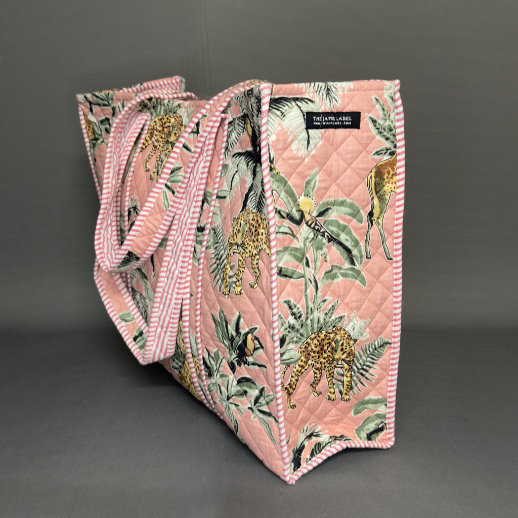 Reversible Quilted Tote Bag – Pink Jungle Print with Giraffes & Leopards