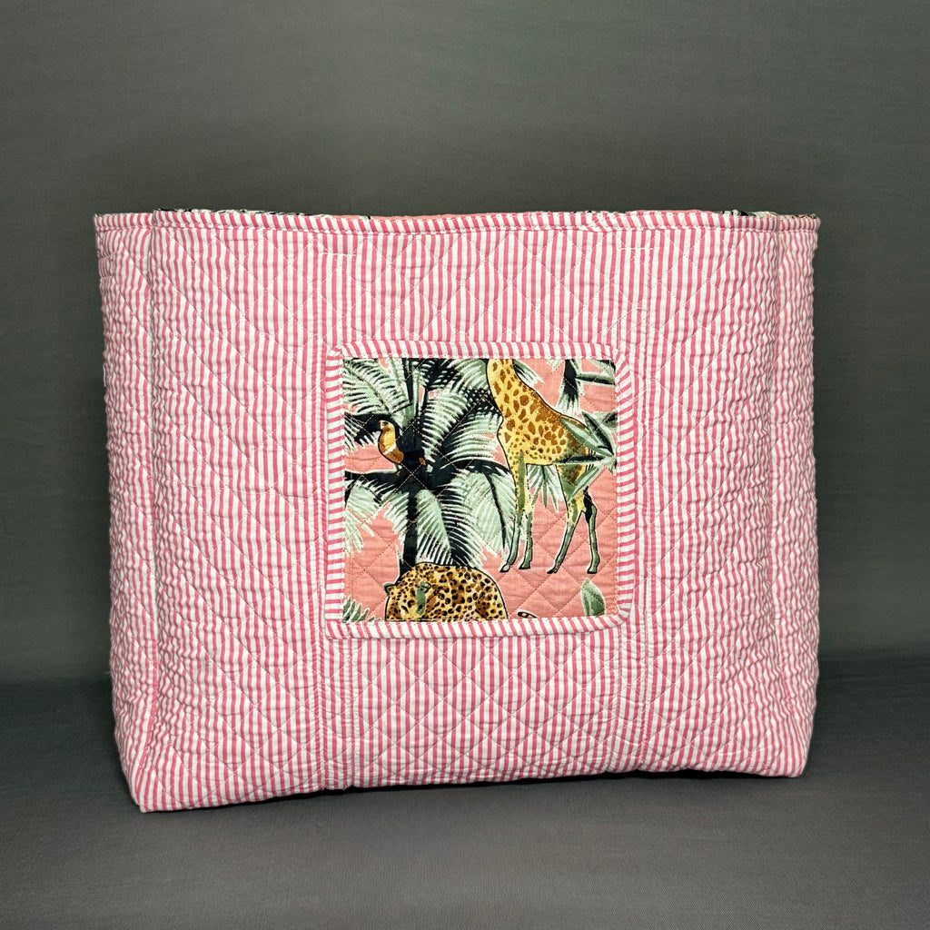 Reversible Quilted Tote Bag – Pink Jungle Print with Giraffes & Leopards