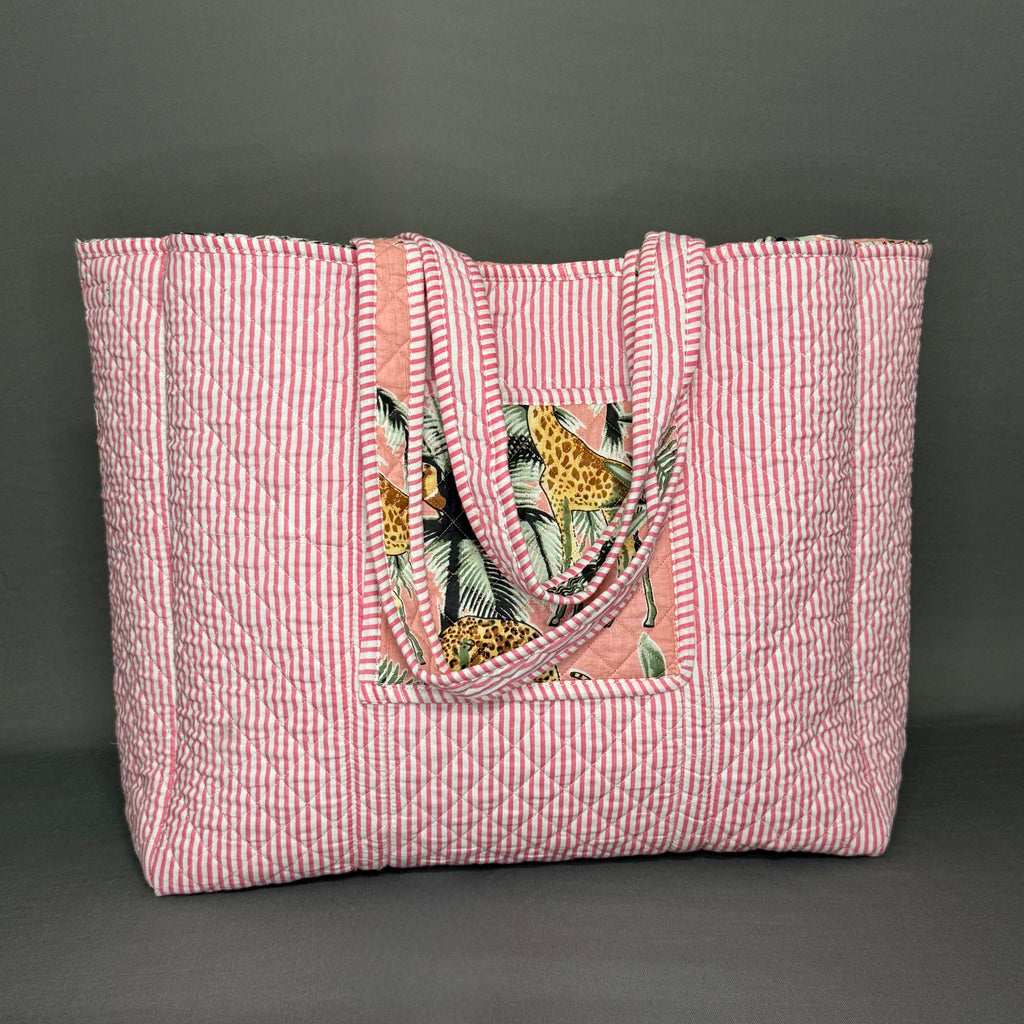 Reversible Quilted Tote Bag – Pink Jungle Print with Giraffes & Leopards