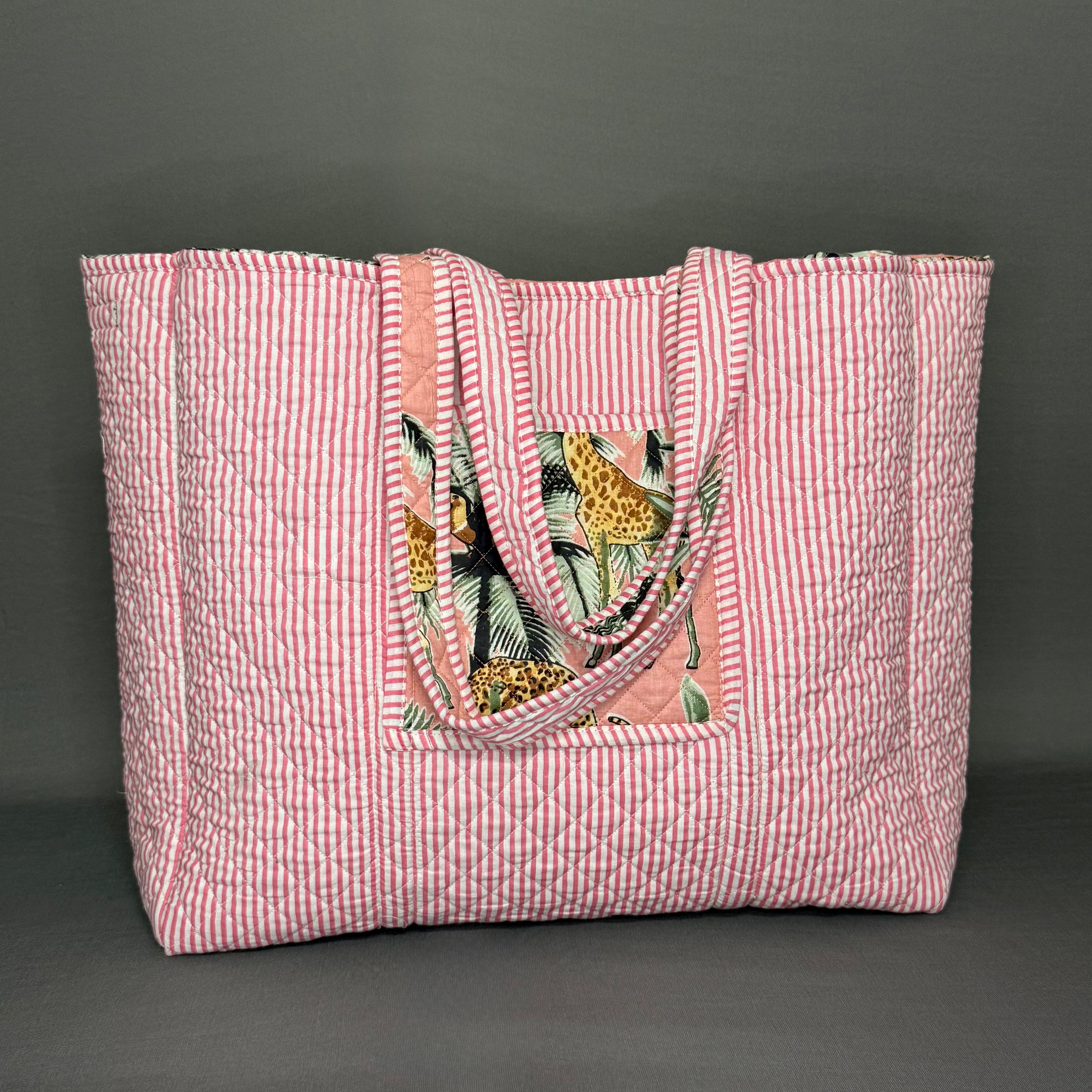 Reversible Quilted Tote Bag – Pink Jungle Print with Giraffes & Leopards