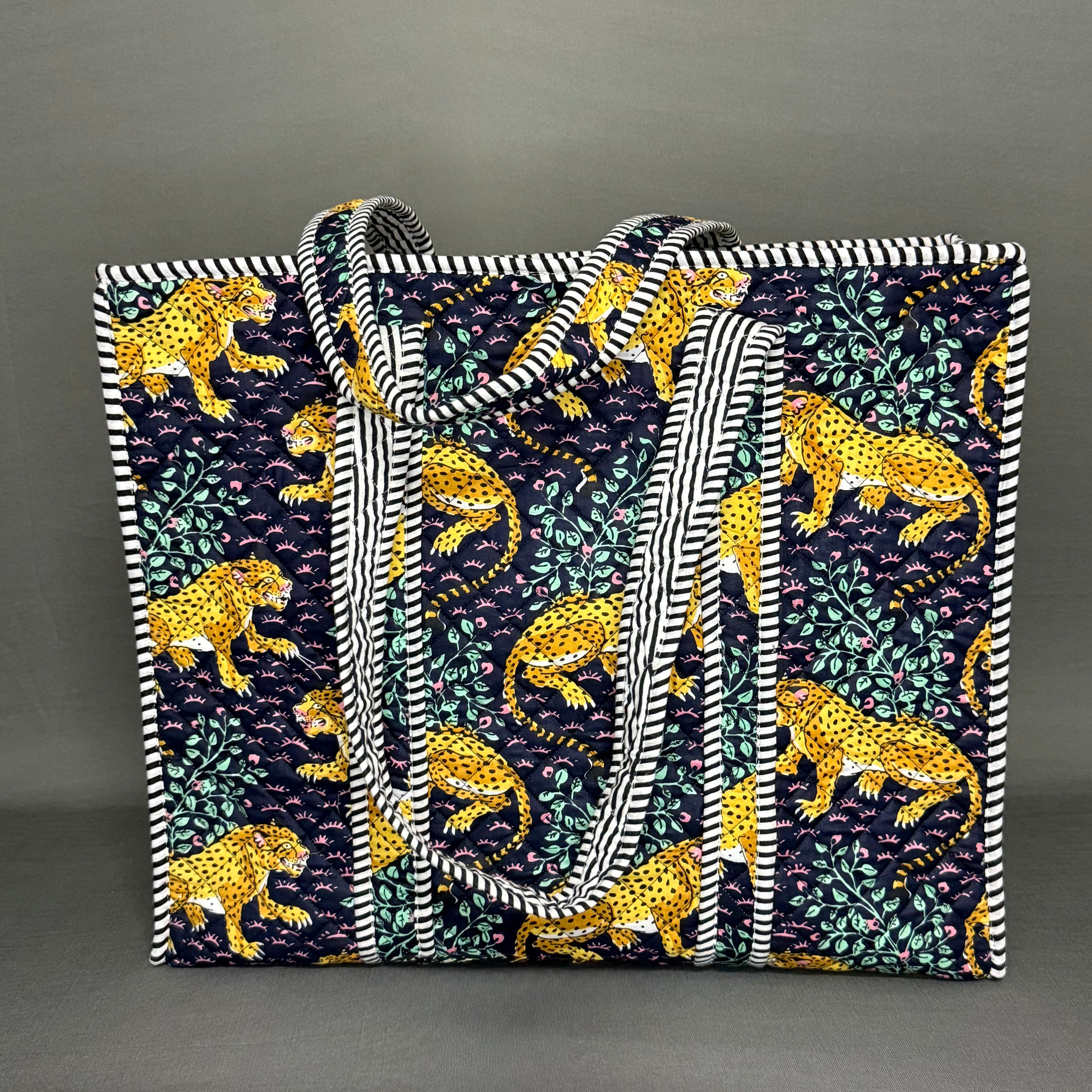 Hand Block sustainable Purple Zipper Tote Bag with Tiger Motif