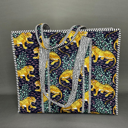 Hand Block sustainable Purple Zipper Tote Bag with Tiger Motif