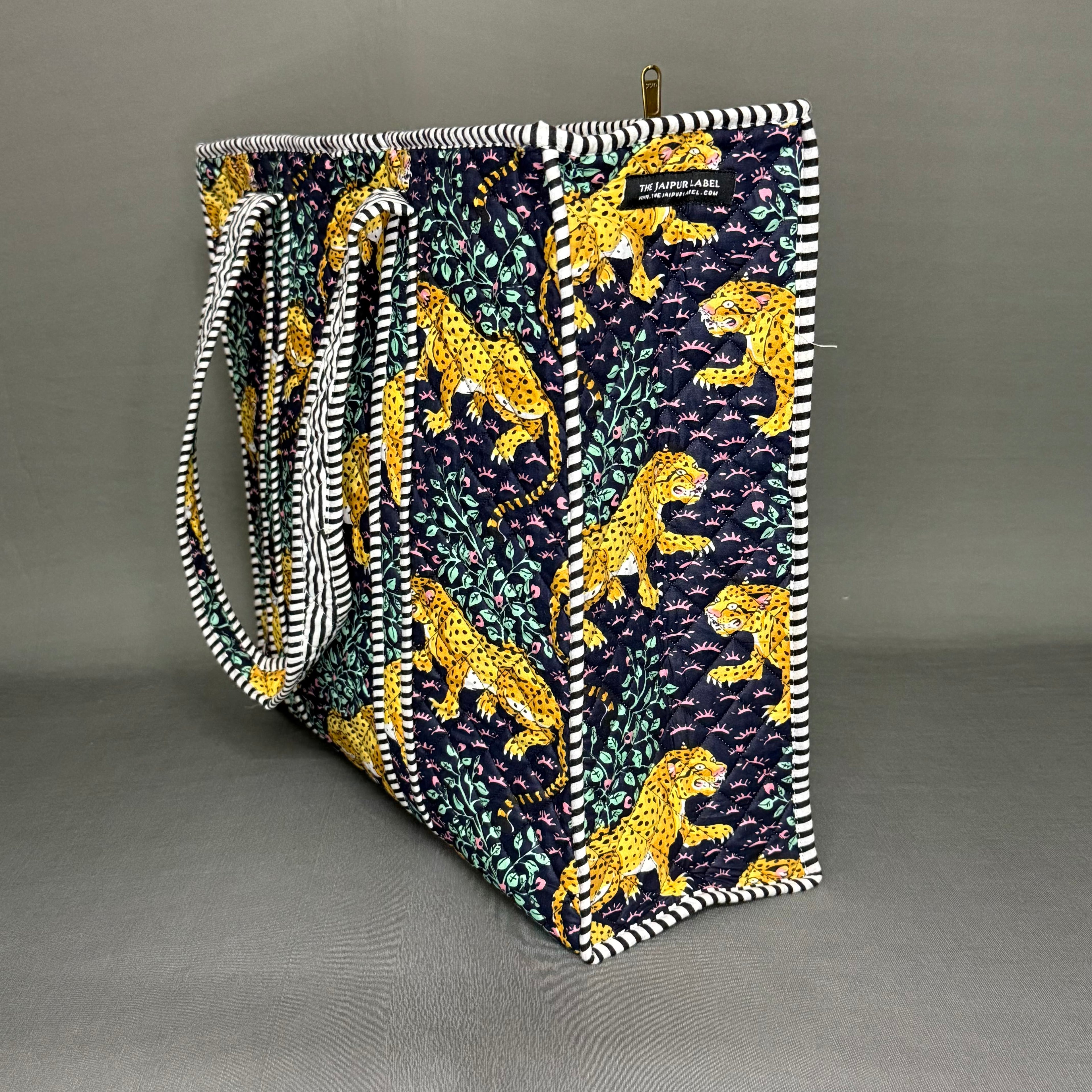 Hand Block sustainable Purple Zipper Tote Bag with Tiger Motif