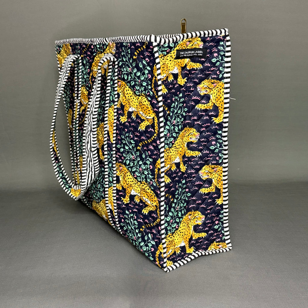 Hand Block sustainable Purple Zipper Tote Bag with Tiger Motif