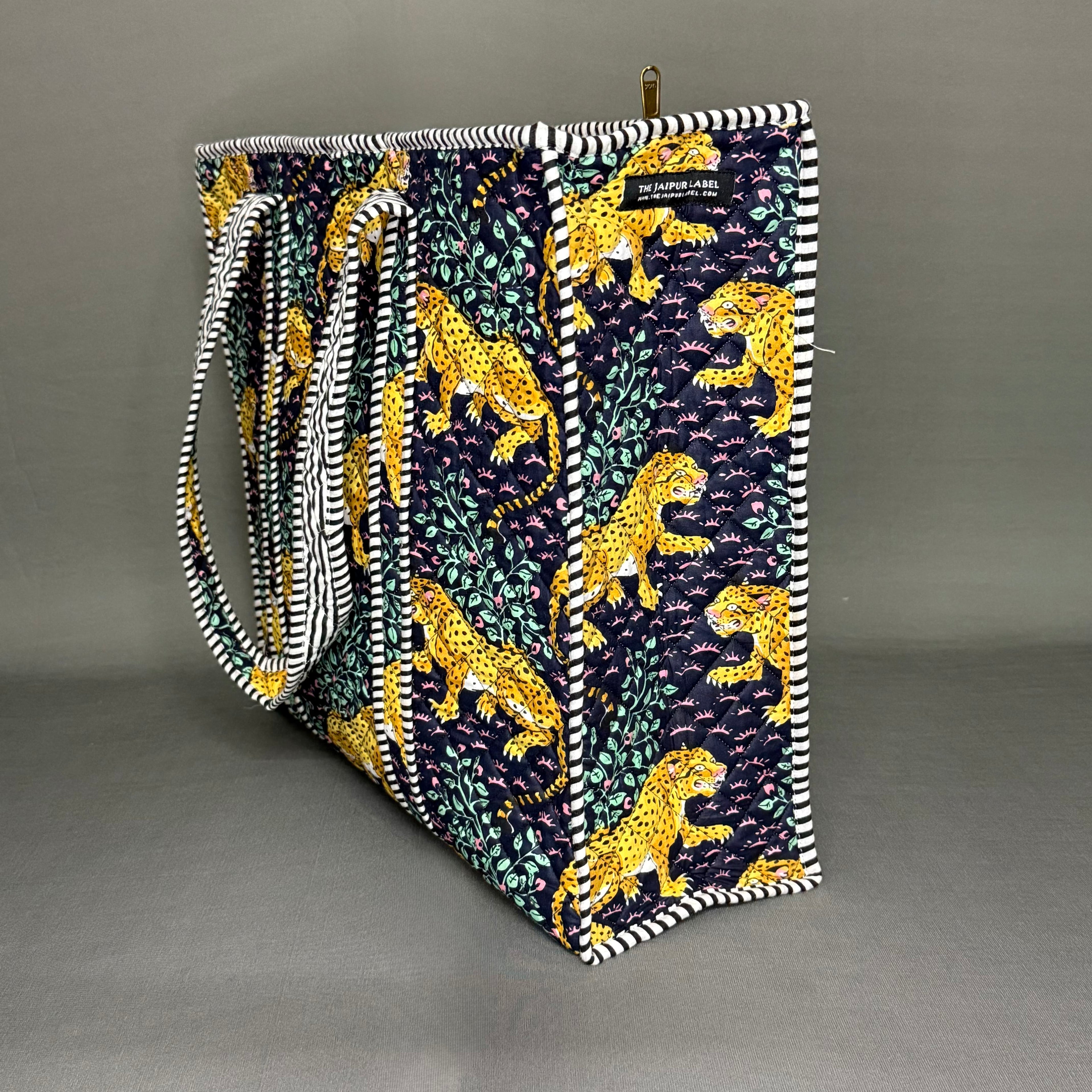 Hand Block sustainable Purple Zipper Tote Bag with Tiger Motif