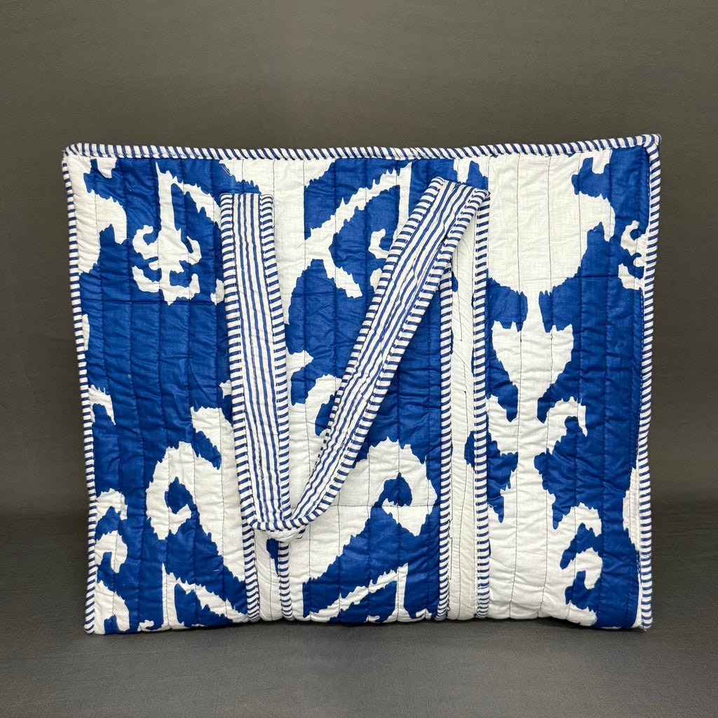 Eco Friendly Blue White Ikkat Print Pure Cotton Zipper Tote Bag