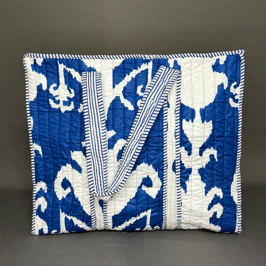 Eco Friendly Blue White Ikkat Print Pure Cotton Zipper Tote Bag