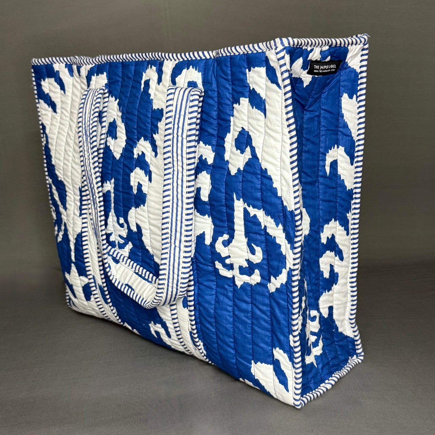 Eco Friendly Blue White Ikkat Print Pure Cotton Zipper Tote Bag