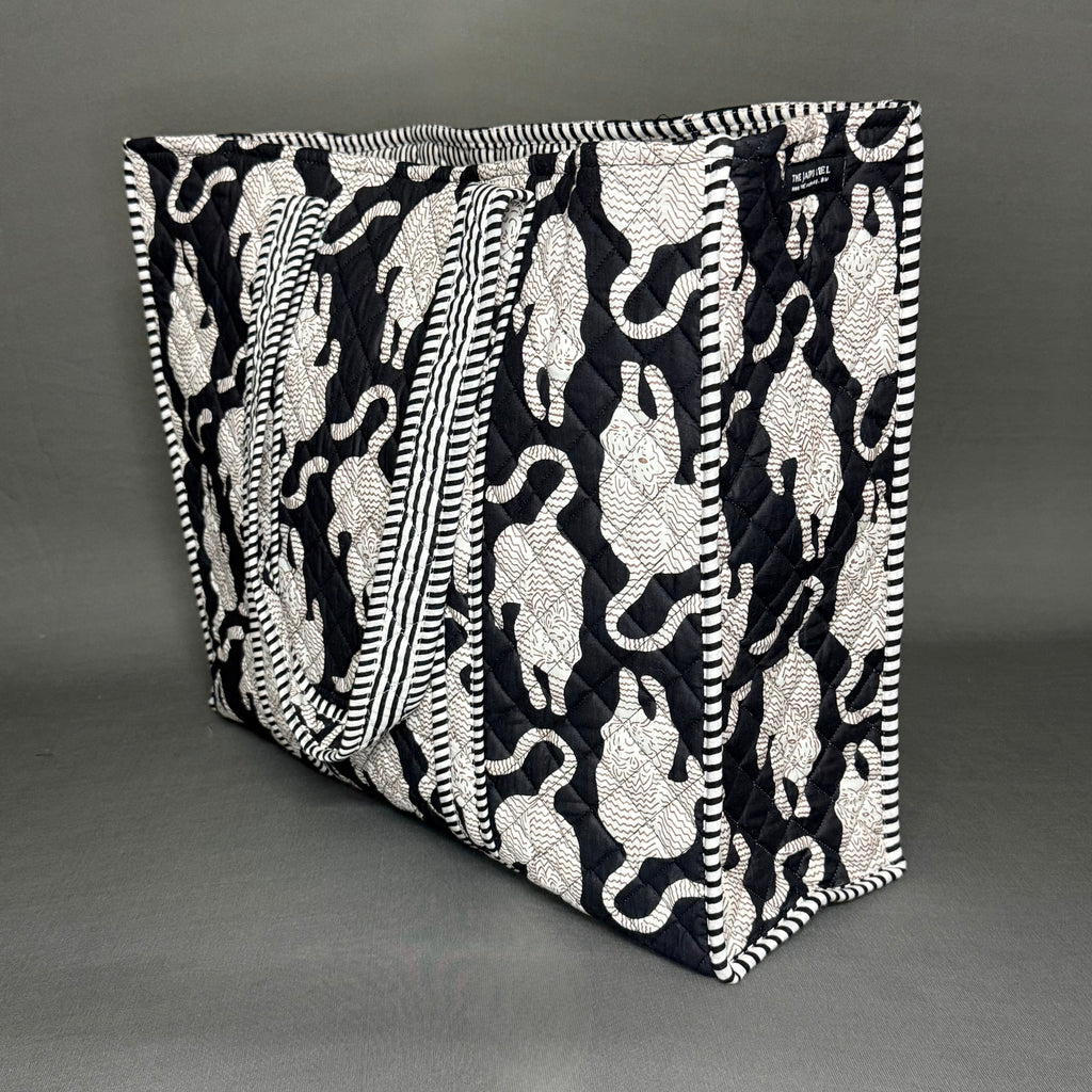 Black & White Chinese Tiger Theme Quilted Tote Bag