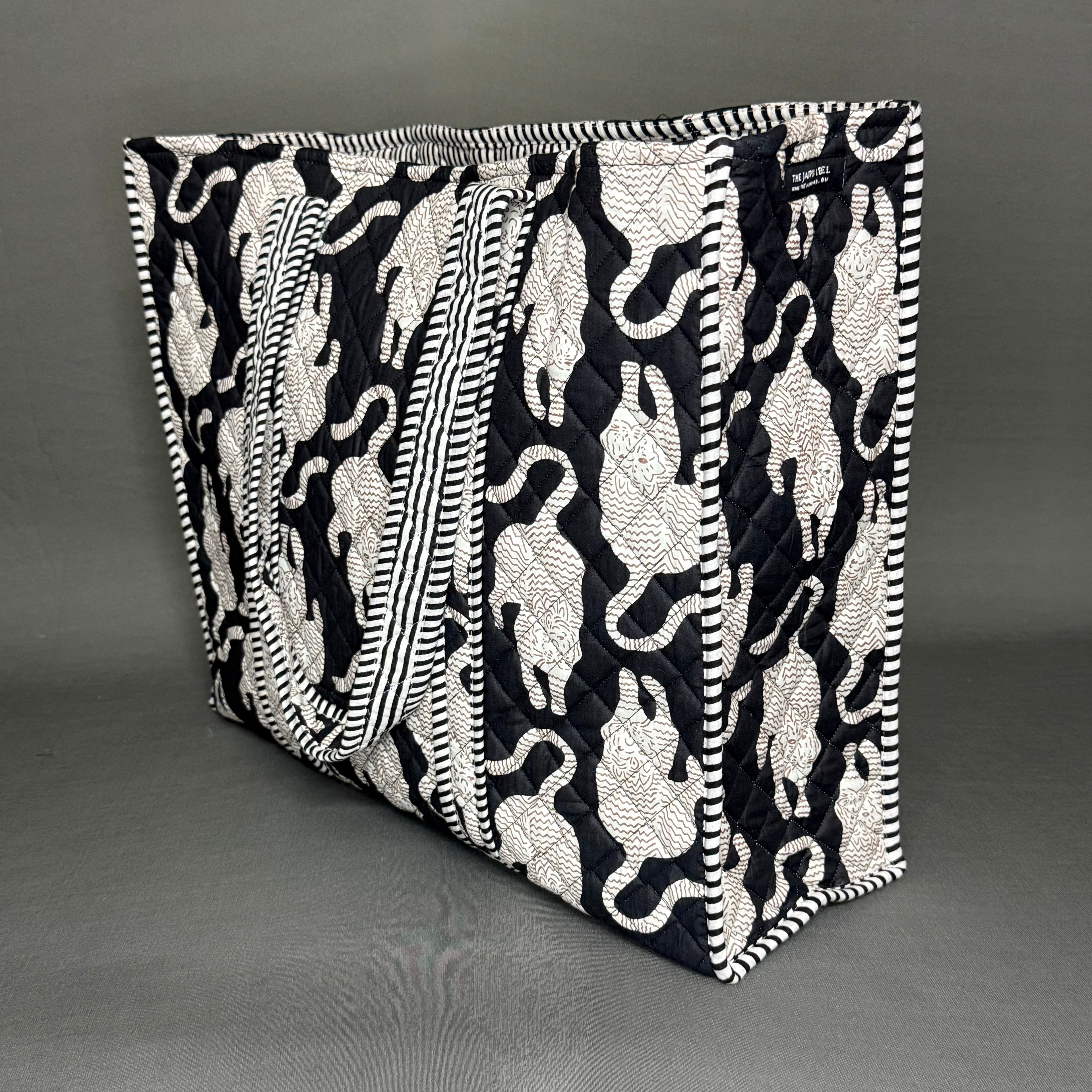 Black & White Chinese Tiger Theme Quilted Tote Bag