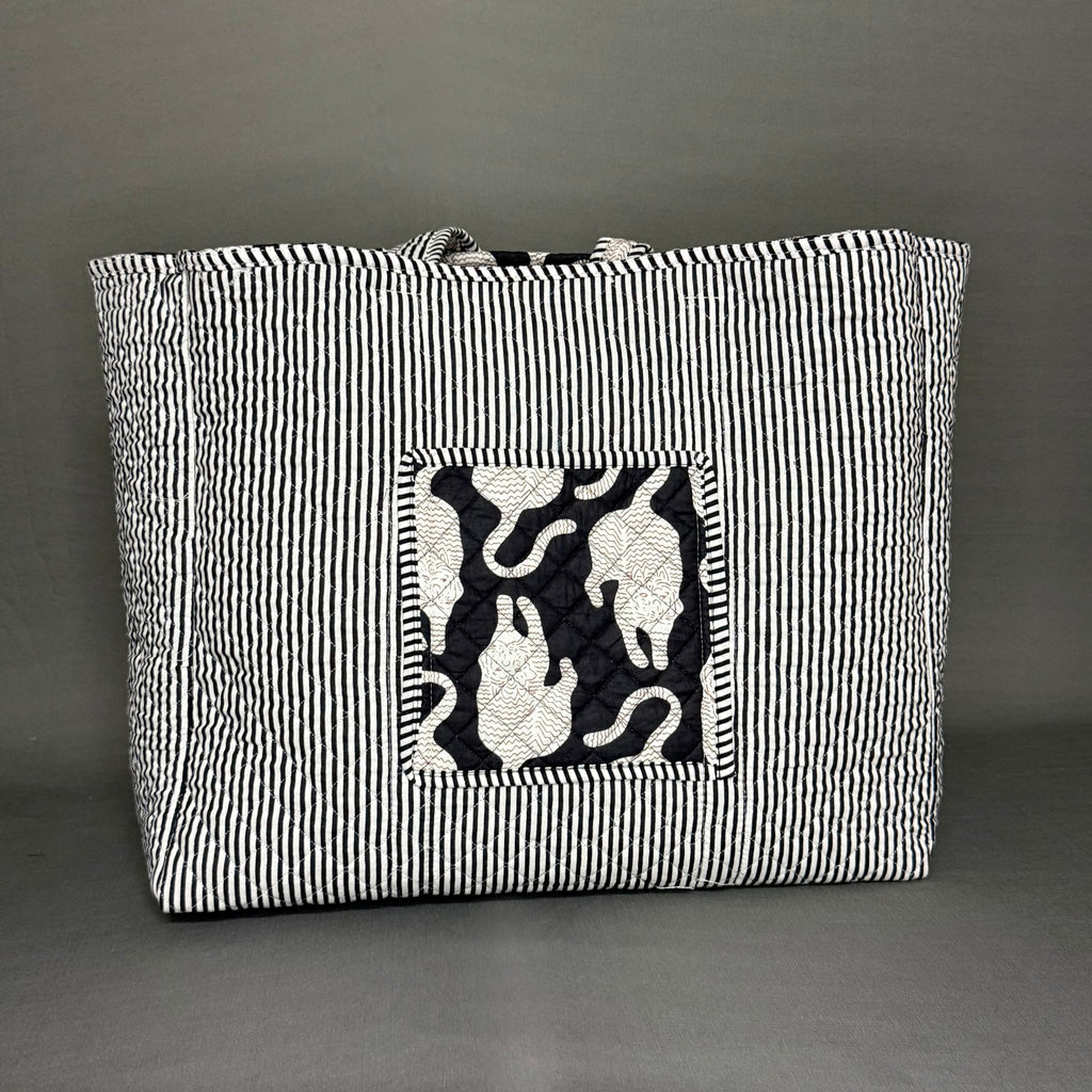 Black & White Chinese Tiger Theme Quilted Tote Bag