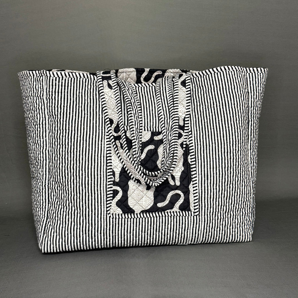 Black & White Chinese Tiger Theme Quilted Tote Bag
