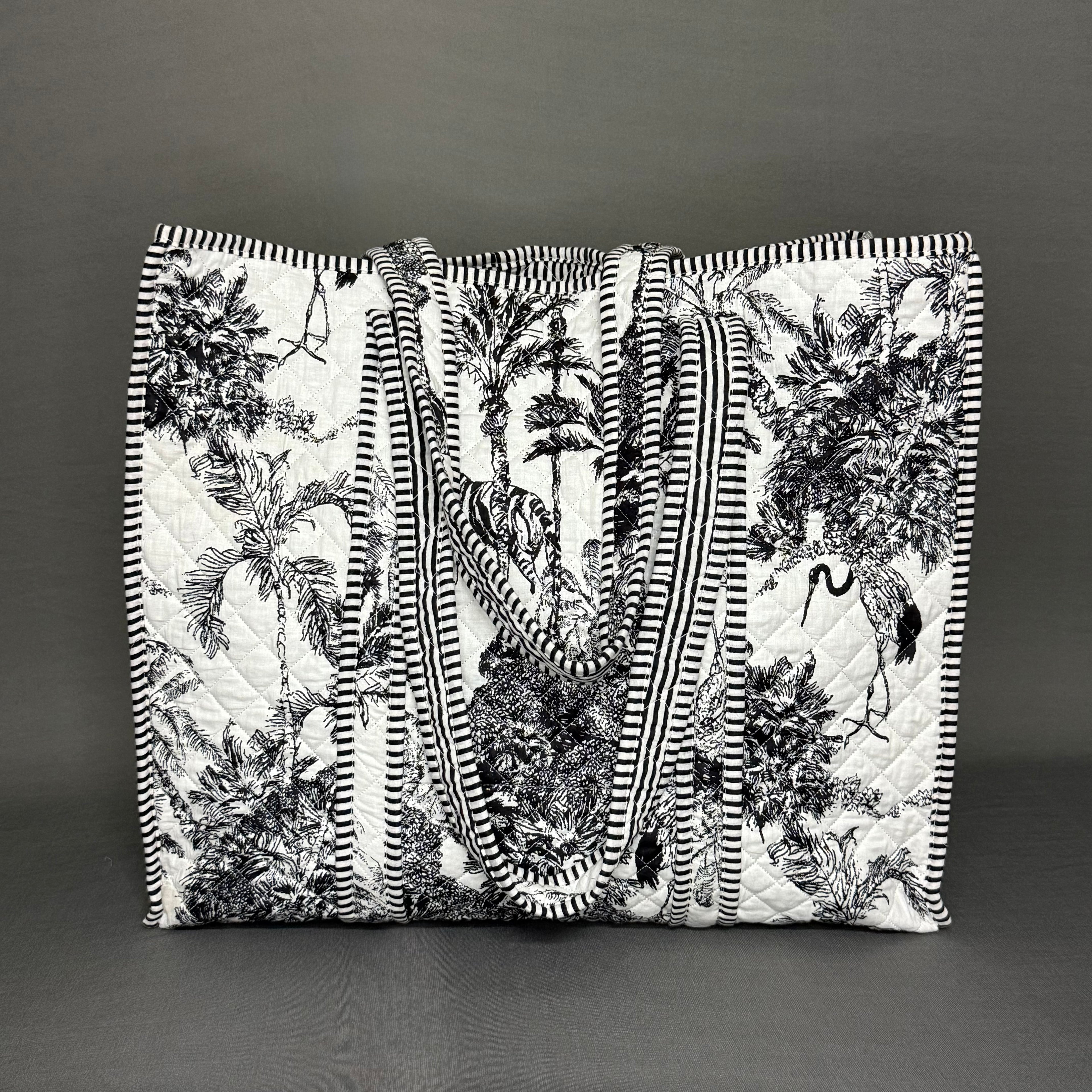 Black & White Jungle Print Designer Cotton Quilted Tote Bag