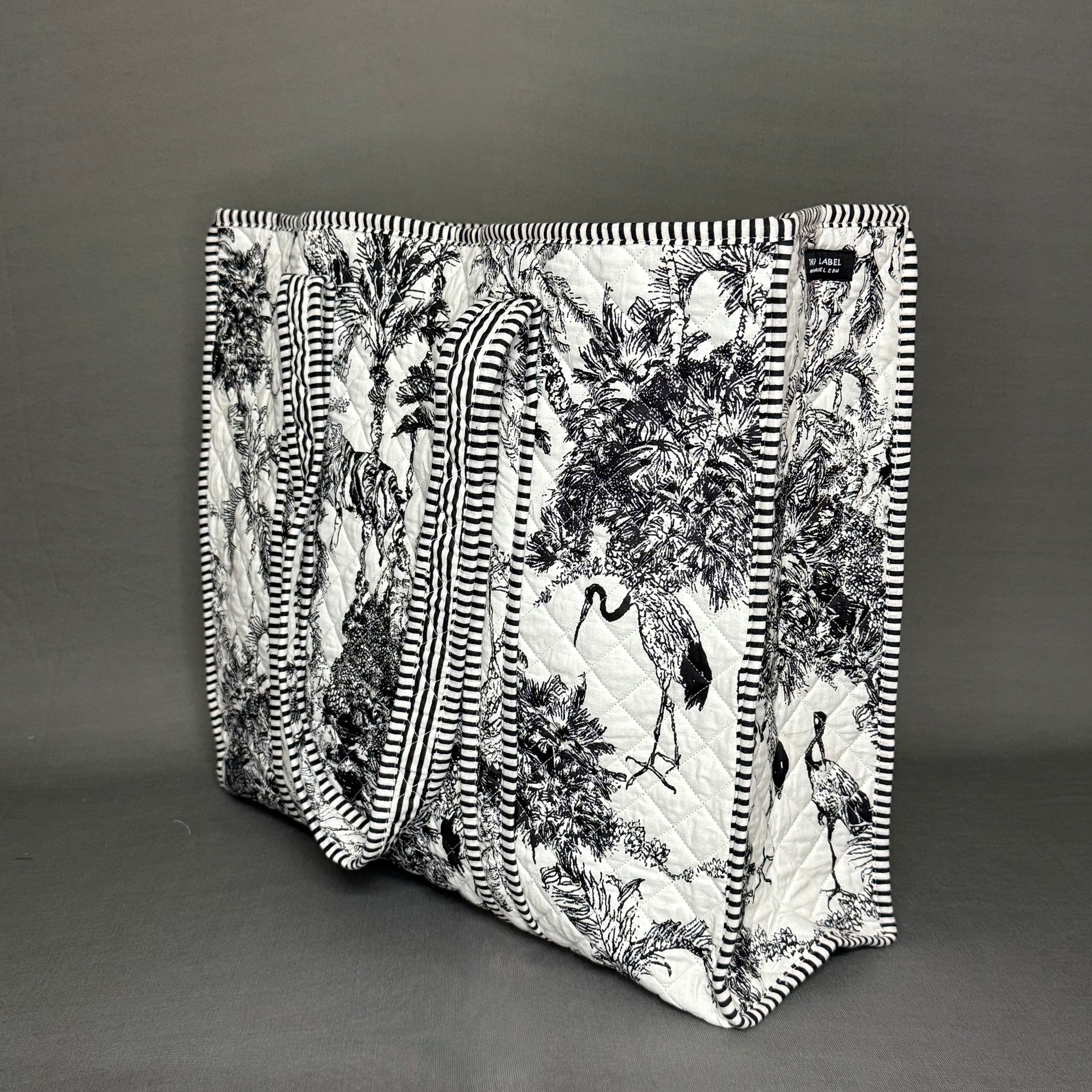 Black & White Jungle Print Designer Cotton Quilted Tote Bag