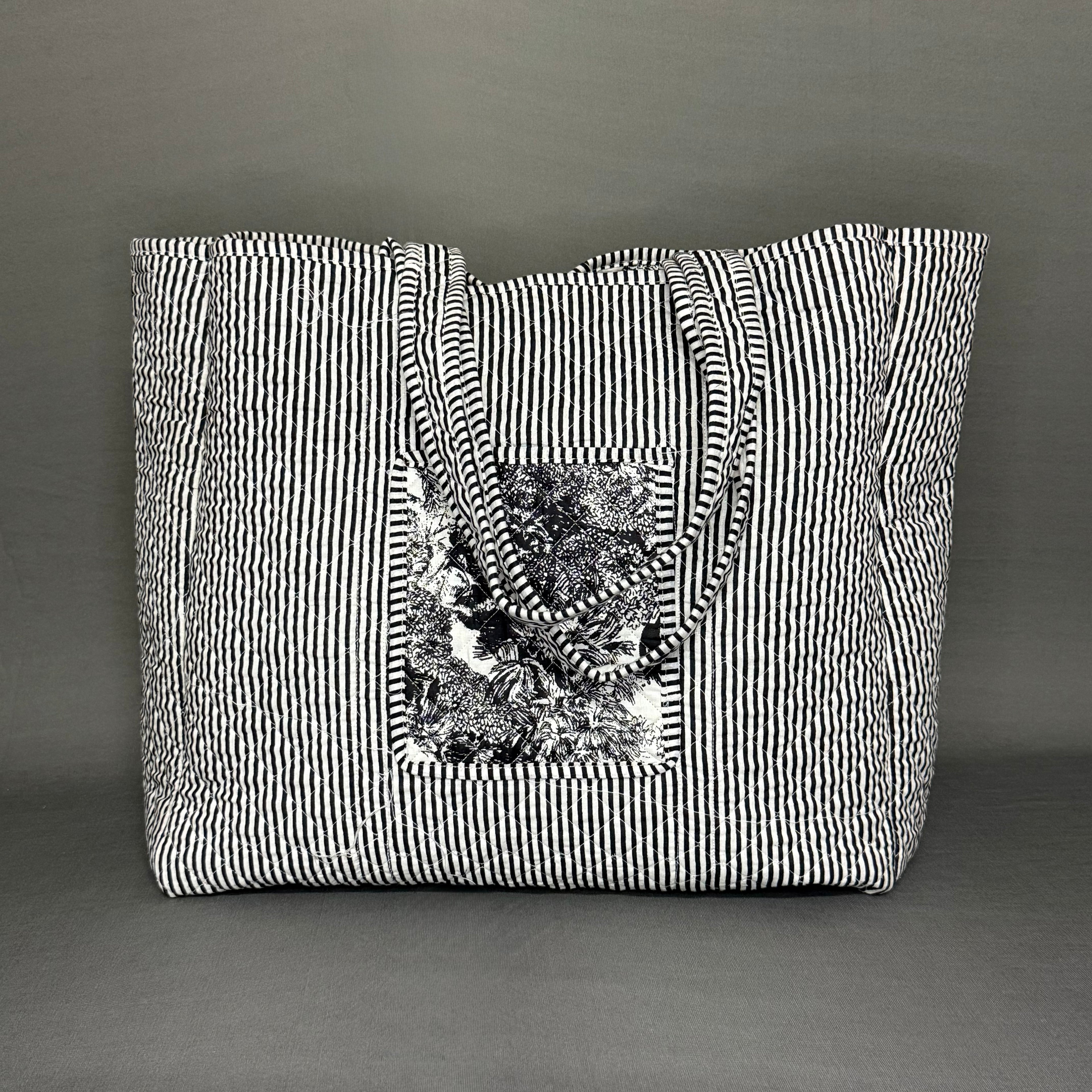 Black & White Jungle Print Designer Cotton Quilted Tote Bag