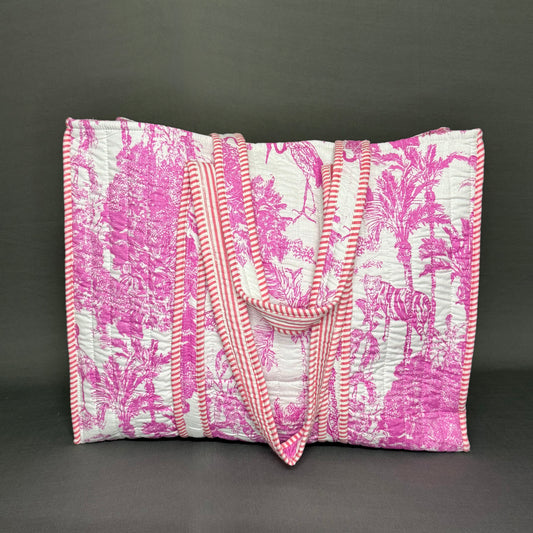 Jaipur Inspired Jungle Theme White & Pink Quilted Tote Bag