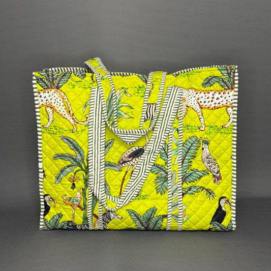 Reversible Neon Green Jungle Print Tote Bag – Bold Handcrafted Cotton Bag