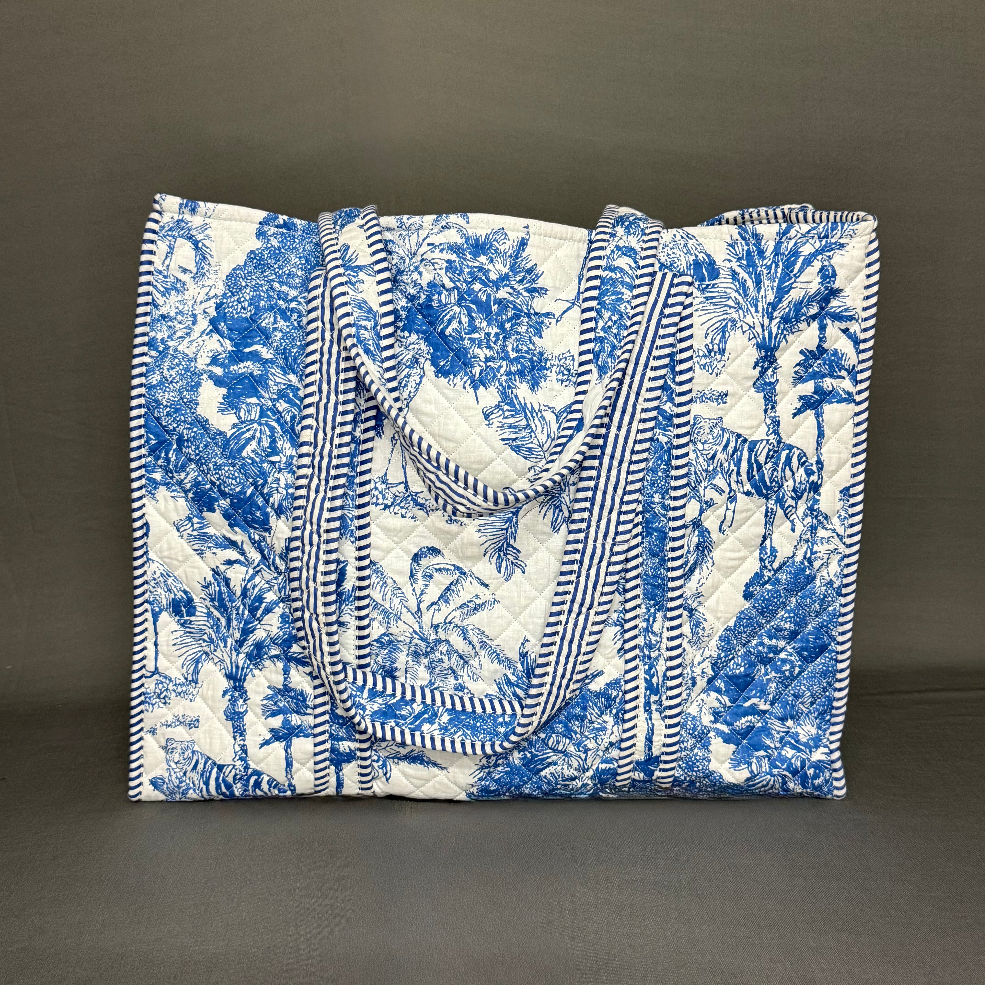 Blue White Jaipur Jungle Print Reversible Pure Cotton Tote Bag
