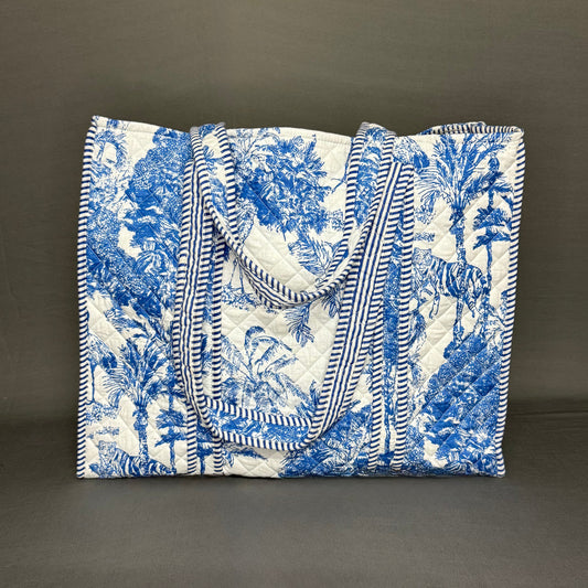 Blue White Jaipur Jungle Print Reversible Pure Cotton Tote Bag