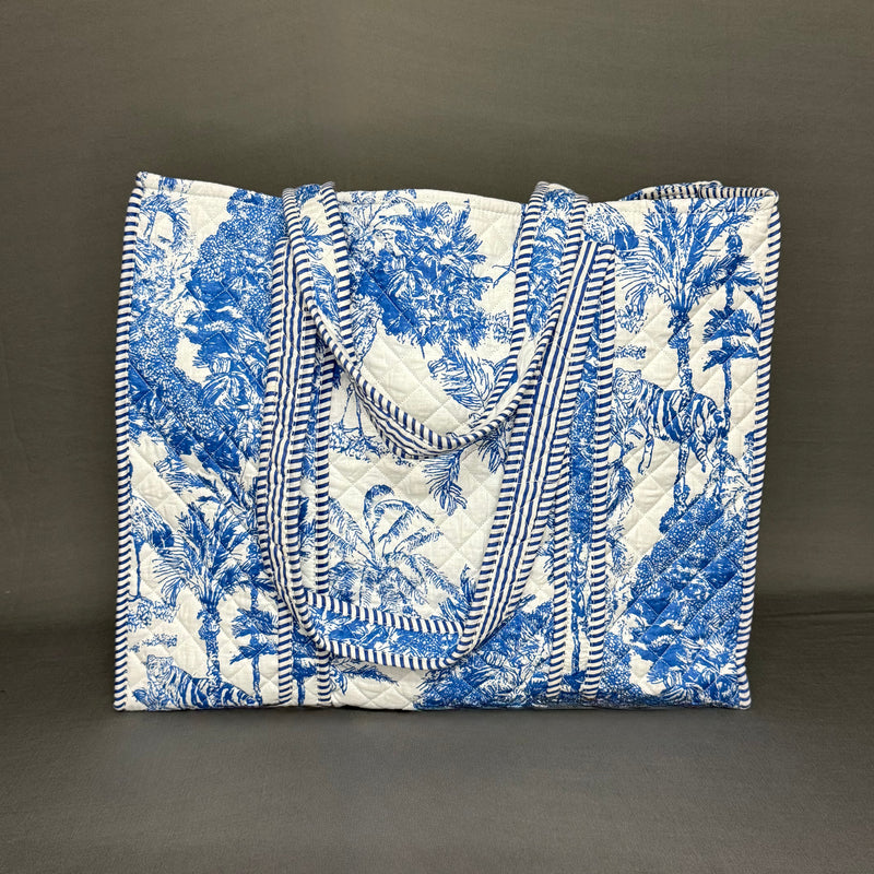 Blue White Jaipur Jungle Print Reversible Pure Cotton Tote Bag