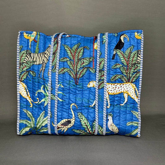 Neon Vibrant Blue Flora & Fauna Inspired Quilted Reversible Tote Bag
