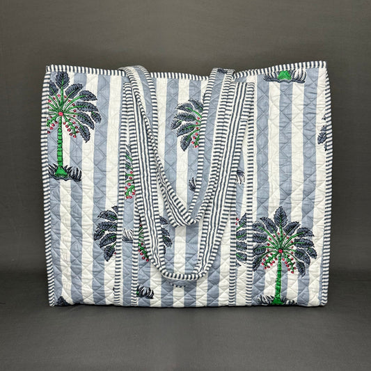 Reversible Grey & White Palm Tree Tote Bag – Middle East-Inspired Handcrafted Cotton Bag
