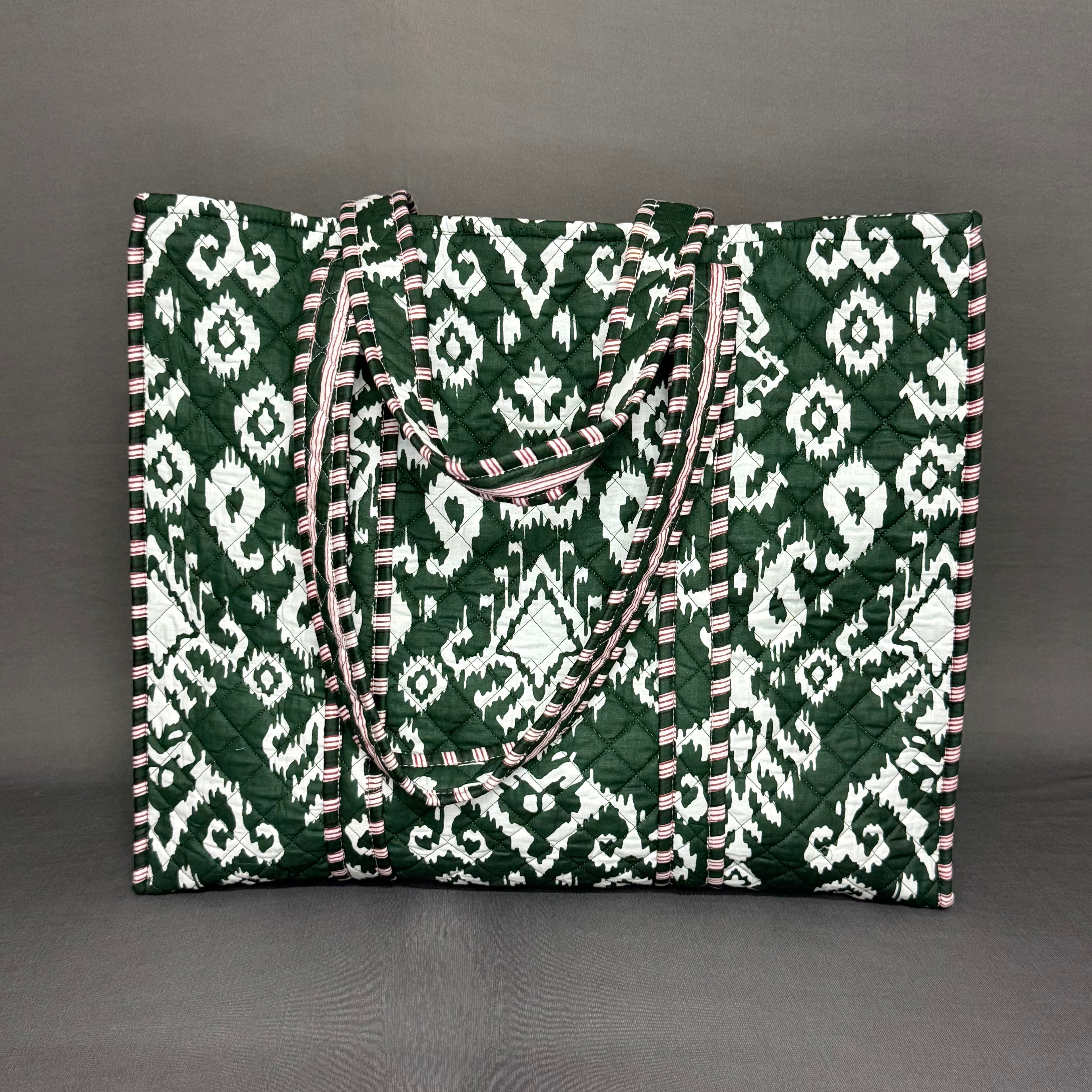 Dark Green Ikkat Print Reversible Cotton Hand Block Print Tote Bag