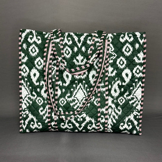 Reversible Green Quilted Ikkat Print Spacious light weight Cotton Tote Bag