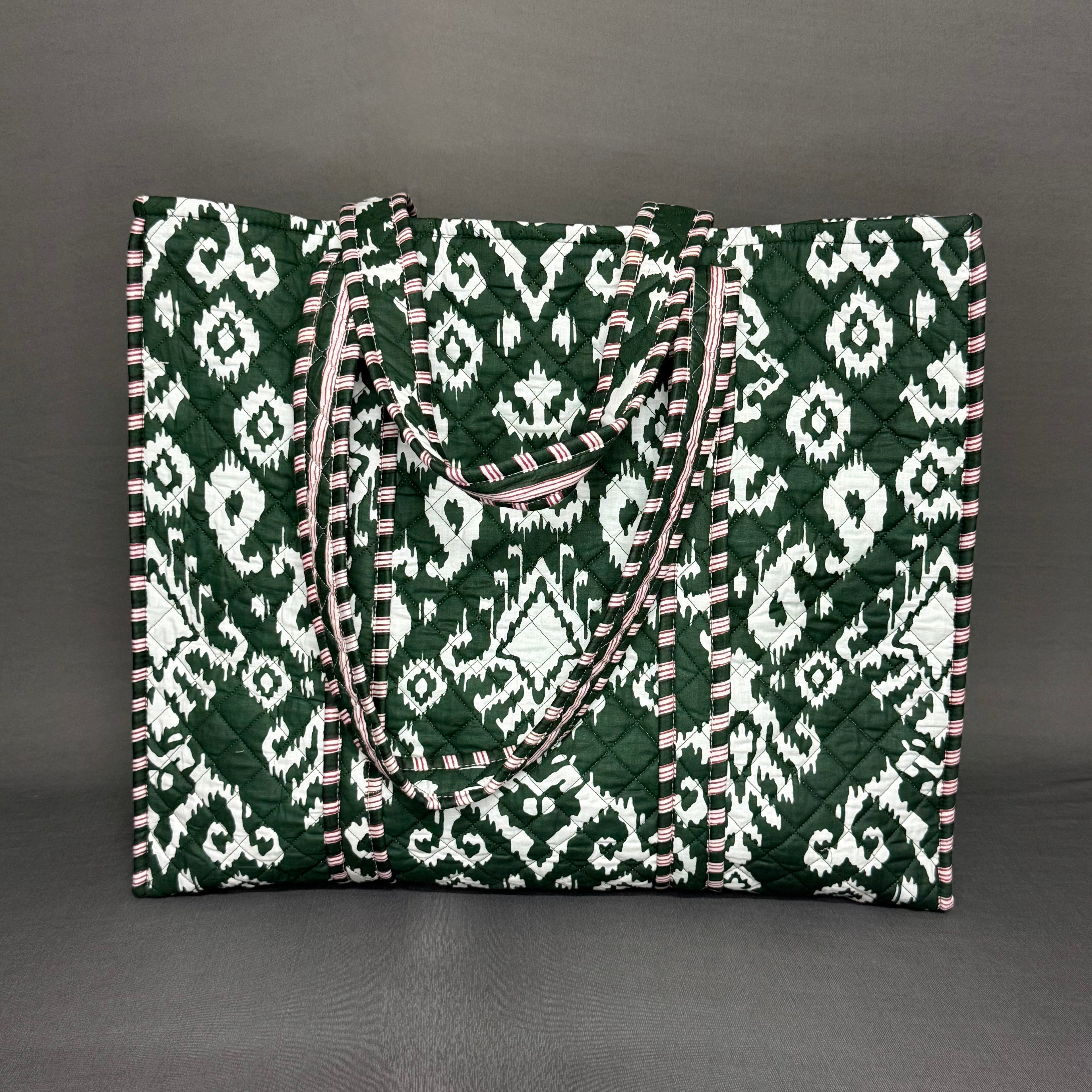 Dark Green Ikkat Print Reversible Cotton Hand Block Print Tote Bag