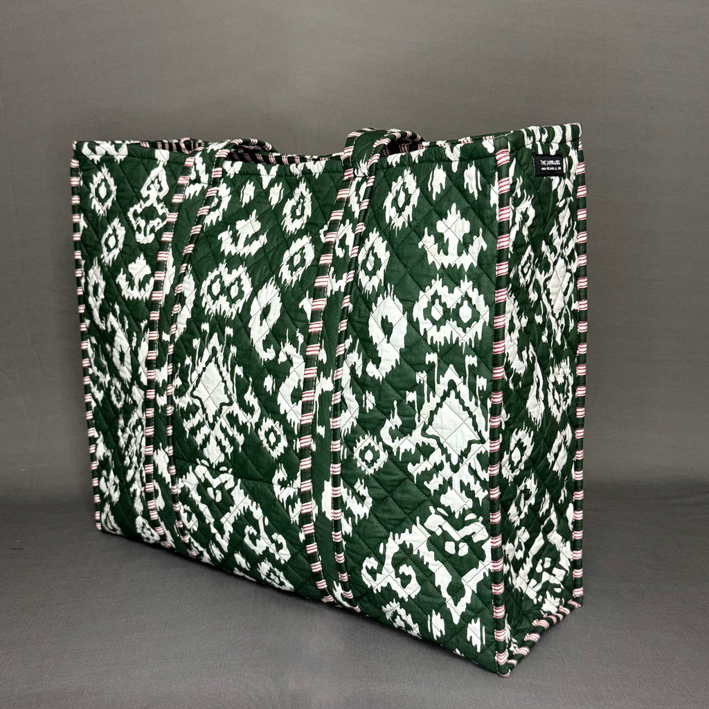 Zipper Dark Green Quilted Ikkat Print Spacious light weight Cotton Tote Bag