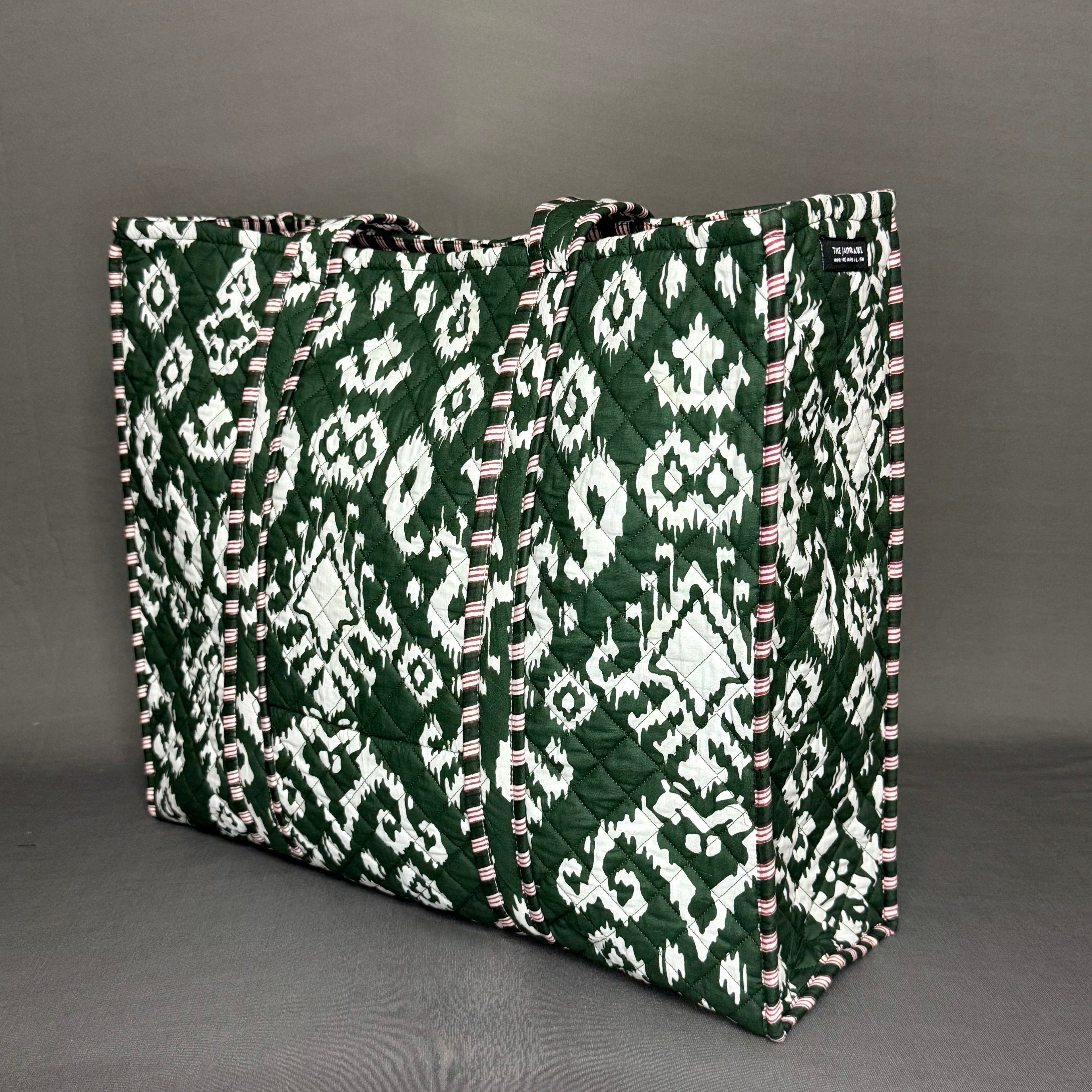 Zipper Dark Green Quilted Ikkat Print Spacious light weight Cotton Tote Bag