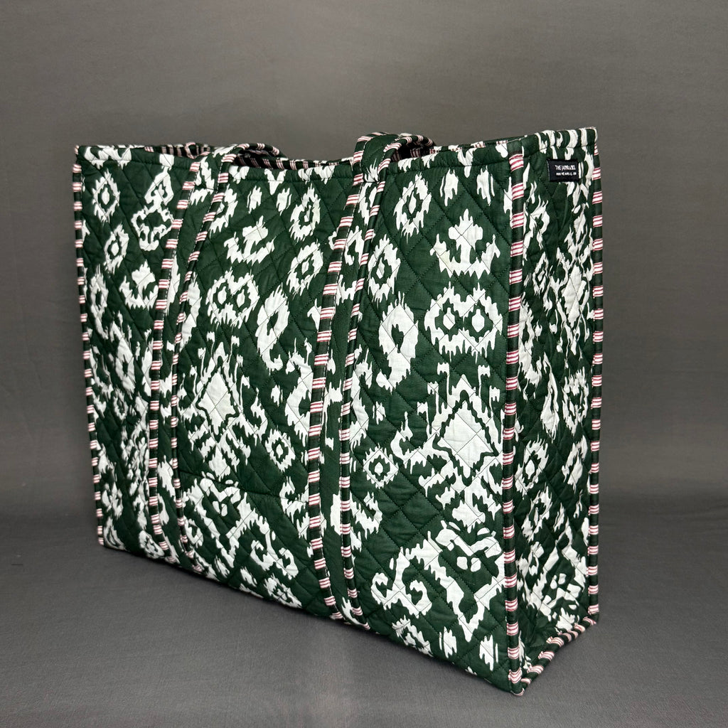 Dark Green Ikkat Print Reversible Cotton Hand Block Print Tote Bag